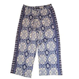 ELLEN TRACY Palazzo Lounge Pants Women Large Blue‎ White Geometric Boho Chic Hip